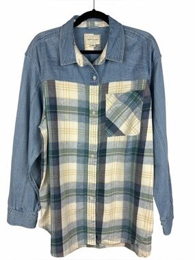American Eagle Denim Plaid Button Up Shirt Medium Chambray Mixed Media Cotton